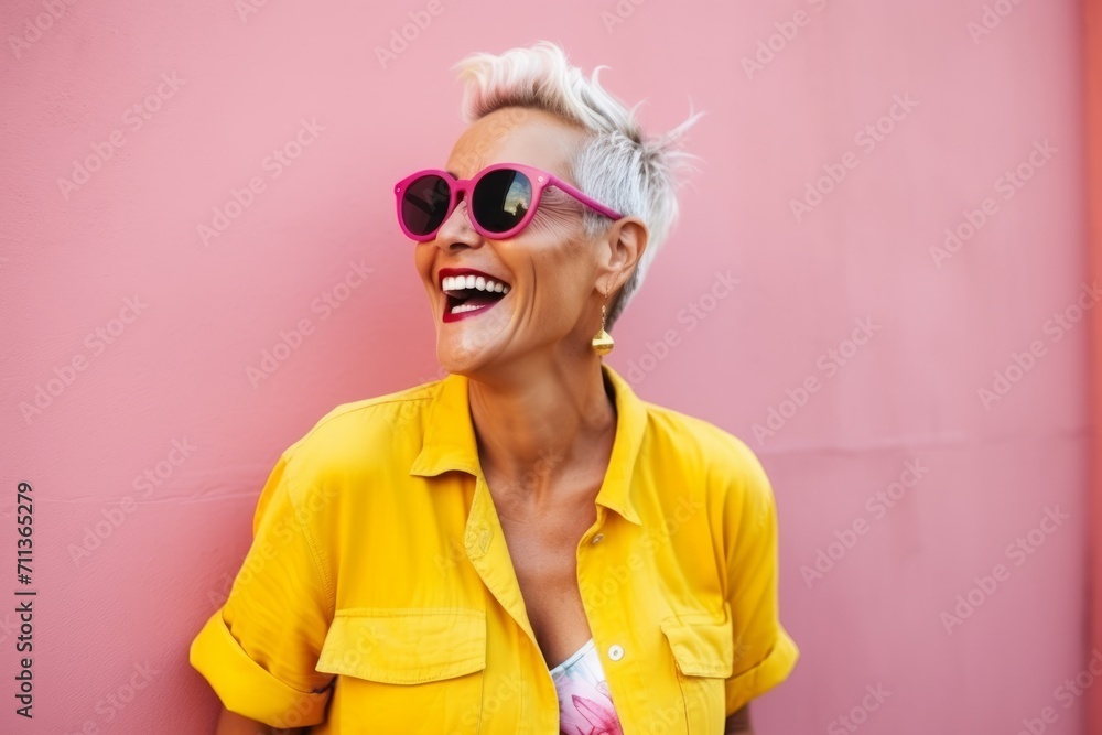 Close up portrait of a happy young woman in sunglasses against pink background Close up portrait of a happy young woman in sunglasses against pink background