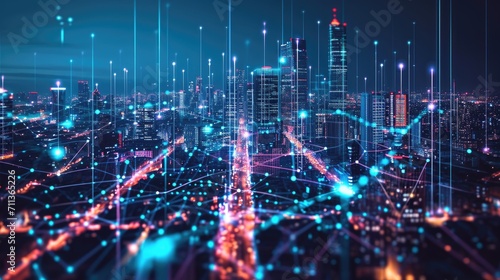 The holographic network mapping the future in a futuristic city
