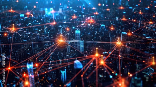 The interconnected network in a futuristic digital cityscape