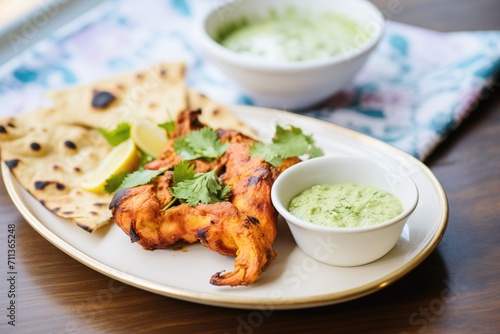 tandoori chicken served with naan and mint chutney