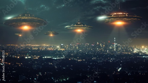 Fleet of UFOs hover ominously over a city at night