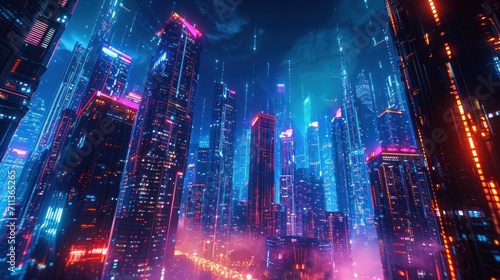 Futuristic night city adorned with neon lights and surrealistic skyscrapers.