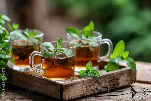 delicious tea infusion with mint served in glass glasses