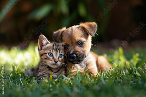 Happy little orange havanese puppy dog and cat are sitting in the grass 
