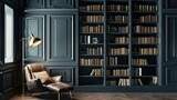Interior Design Mock-up of a Library: Classic-modern with floor-to-ceiling bookshelves, a leather armchair, and a brass reading lamp.