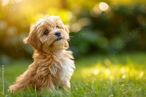 Happy little orange havanese puppy dog is sitting in the grass  photo