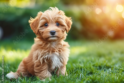 Happy little orange havanese puppy dog is sitting in the grass  photo