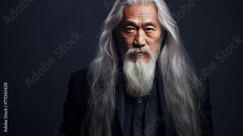 Portrait of an elderly handsome Asian senior man old with gray long hair, on a gray background, banner.