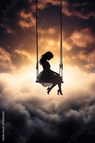 Silhouette of a Woman on a Swing in the Sky During a Dramatic Sunset