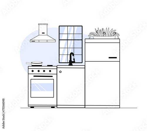 Kitchen outline interior design. Simple contour illustration of home small kitchen with furniture and equipment. Vector illustration