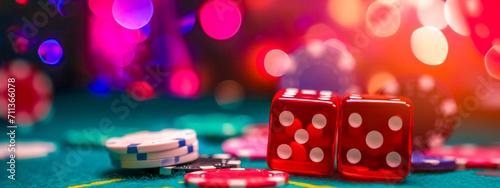 thrilling atmosphere of a casino with a close-up of red dice and various colored gambling chips on a gaming table, all set against a backdrop of dazzling and vibrant bokeh lights