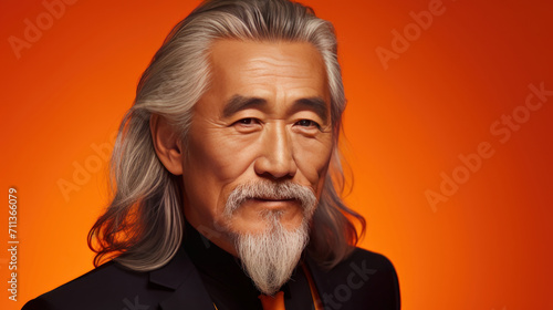 Portrait of an elderly handsome Asian senior man old with gray long hair, on an orange background, banner.