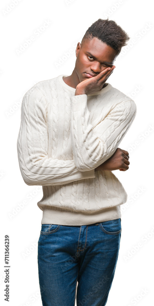Fototapeta premium Young african american man over isolated background thinking looking tired and bored with depression problems with crossed arms.