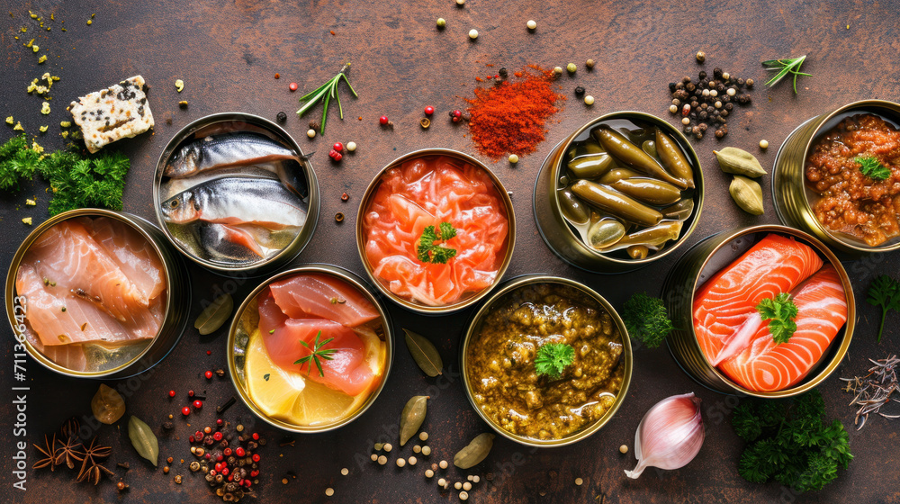 Different open tin cans with canned fish among spices and herbs on a brown background, canned salmon and mackerel, sprat and sardine, tuna and herring and fish pate, top view. - obrazy, fototapety, plakaty 