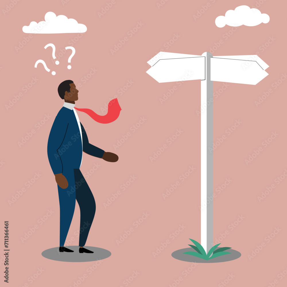 Career Path concept, career at a crossroads, Choosing the right way, Life Decision Concept, Businessman making decision looking at a crossroads to decide which path to take Career Path concept, career at a crossroads, Choosing the right way, Life Decision Concept, Businessman making decision looking at a crossroads to decide which path to take