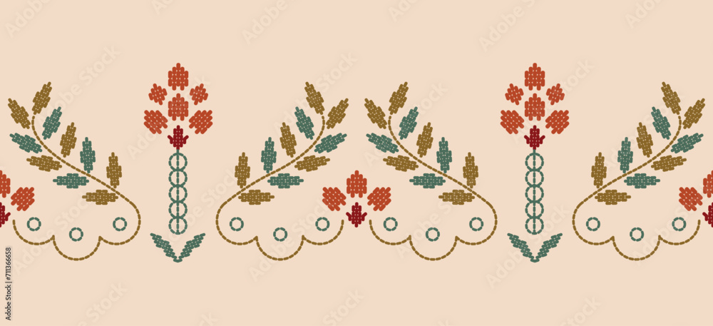 Beautiful Pattern Embroidery floral, leaves and branches pattern design, hem, skirt, adorning sleeves flower embroidery. beautiful border floral embroidery. Ethnic flower pattern. - obrazy, fototapety, plakaty 