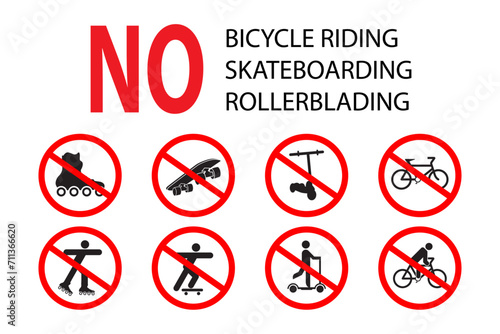 No Skateboarding, Bicycle Riding, Roller Blading, Roller Skating, Scooter Riding Sign. Ban bike, skateboard, scooter and roller sign icon. Prohibit wheel transport. Isolated Vector Illustration. photo