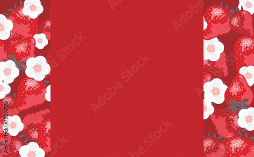 いちご(苺)やイチゴの花が描かれたコピースペースのある背景フレームの春素材_赤