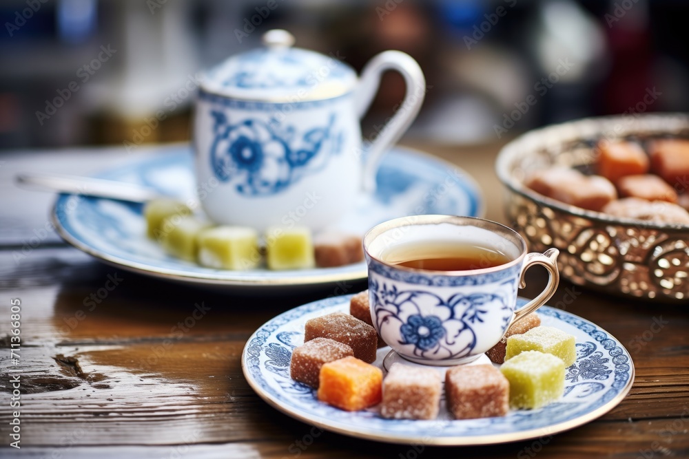 traditional turkish coffee set beside a small plate of turkish delight