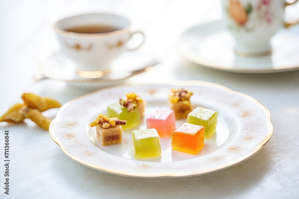 turkish delight pieces on a white plate, pistachio topping, with a tea glass turkish delight pieces on a white plate, pistachio topping, with a tea glass