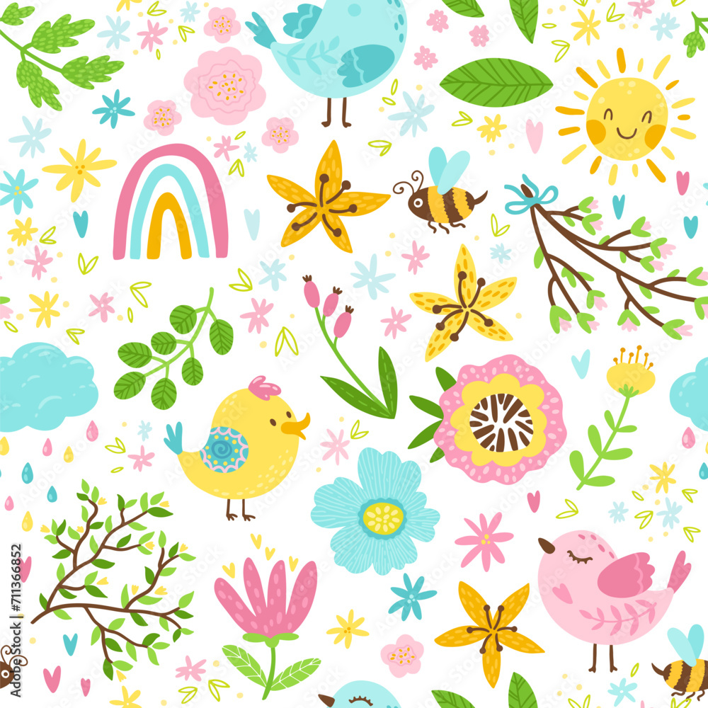 Spring seamless pattern in cartoon style. Colorful childish doodle with simple birds, a bee and flowers. Sun, rainbow and raindrops. Creative baby texture for fabric, paper