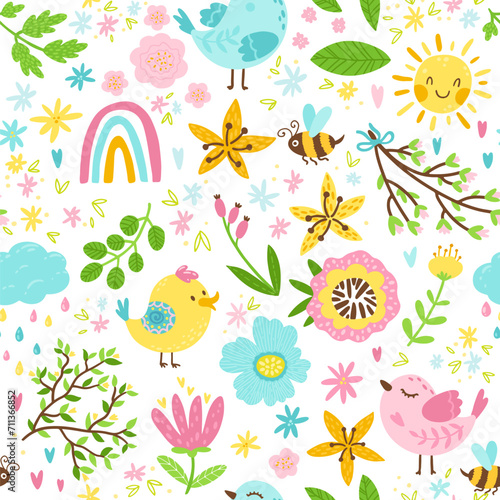 Spring seamless pattern in cartoon style. Colorful childish doodle with simple birds, a bee and flowers. Sun, rainbow and raindrops. Creative baby texture for fabric, paper