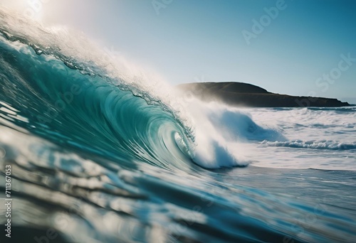 AI generated illustration of a majestic ocean wave crashing forcefully against the shoreline