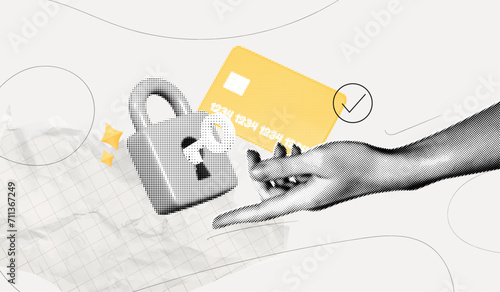 Trendy Halftone Collage Hand with Credit card and Padlock with Key. Data is securely protected. Online payment concept. Keeping money safe. Vector contemporary art