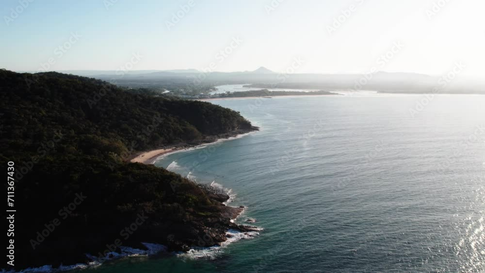 Calm Waves On The Rugged Shore Of Noosa National Park In Queensland, Australia. Aerial Drone Shot Calm Waves On The Rugged Shore Of Noosa National Park In Queensland, Australia. Aerial Drone Shot
