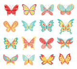Simple butterflies isolated on white background. Pretty vector butterfly set with spring, summer palette for child.