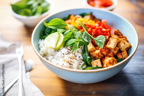 veggie burrito bowl with tofu and spinach leaves