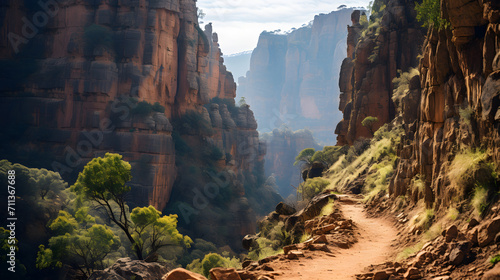 Print op canvas A canyon path, with towering cliffs as the background, during an adventurous mid