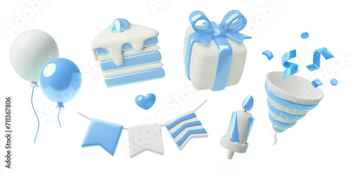 3D boy's birthday blue decorations collection. Realistic three dimensional baby shower icons. Balloons, gift box, piece of cake, candle, flags bunting and party popper with confetti.
