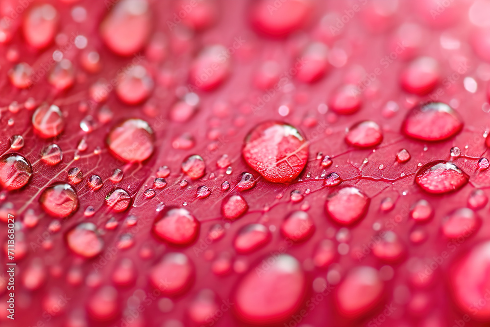 Close-up of raindrops on red surface. Close-up of raindrops on red surface.