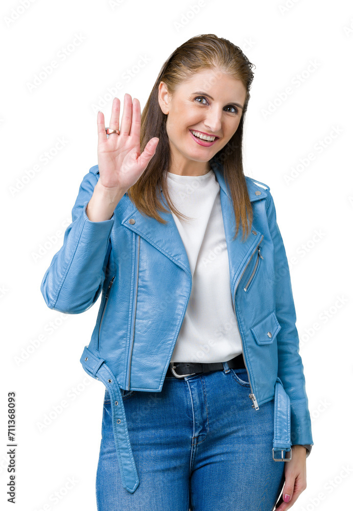 Beautiful middle age mature woman wearing fashion leather jacket over isolated background Waiving saying hello happy and smiling, friendly welcome gesture Beautiful middle age mature woman wearing fashion leather jacket over isolated background Waiving saying hello happy and smiling, friendly welcome gesture
