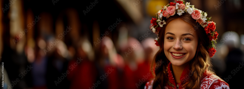 Smiling young woman wearing a traditional Ukrainian wreath, representing cultural heritage or national holiday celebration