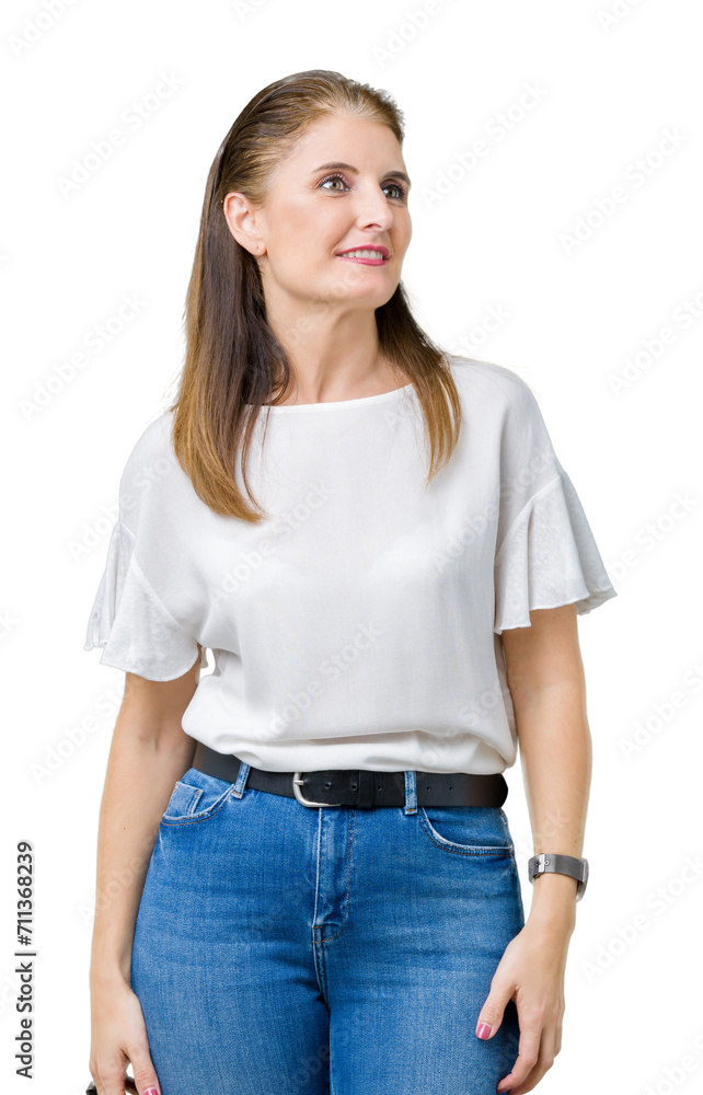Obraz premium Middle age mature beautiful woman over isolated background looking away to side with smile on face, natural expression. Laughing confident.