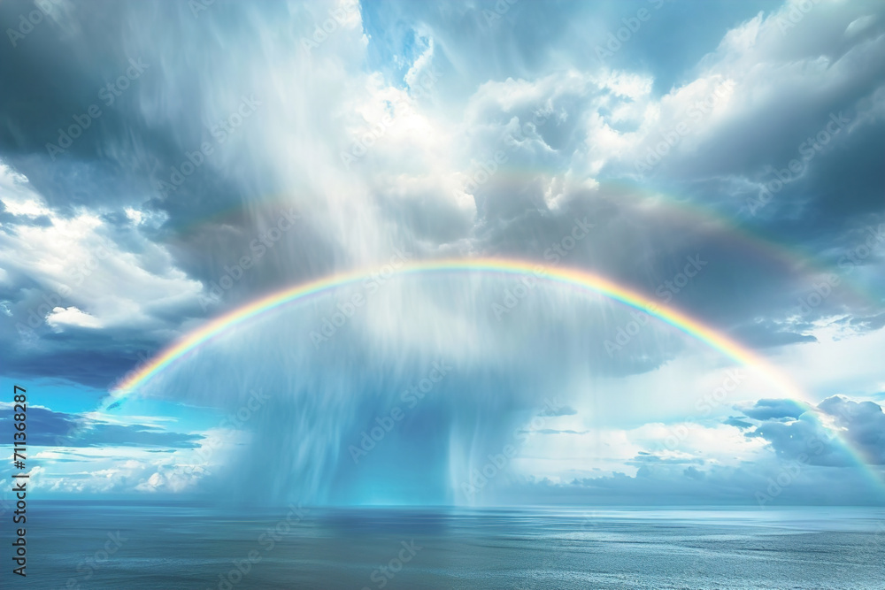 Beauty of rainbows after a storm in the nature. Sky and sea