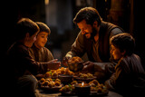 A heartwarming scene with an adult male sharing food with three joyful children around a table lit by candlelight, evoking a sense of tradition Iftar