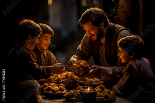A heartwarming scene with an adult male sharing food with three joyful children around a table lit by candlelight, evoking a sense of tradition Iftar