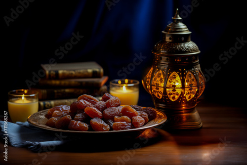 A traditional Ramadan setting with dates on a plate, lit lantern, candles, and religious books on a wooden table