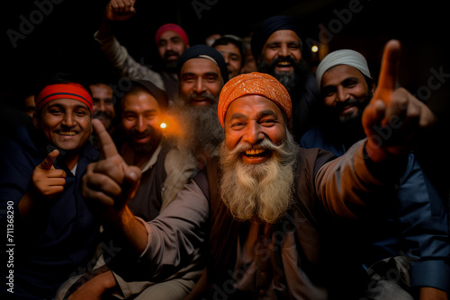 A group of jubilant men with beards, smiling and gesturing thumbs-up in a low-light setting, expressing positivity and camaraderie