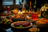 A festive dinner table set with diverse dishes, glowing candles, and glasses of wine, potentially portraying a warm holiday gathering atmosphere of Persian New Year