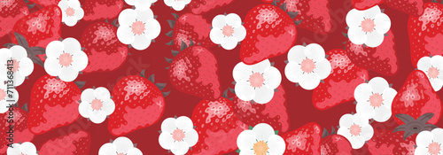 いちご(苺)やイチゴの花が描かれたかわいい柄のベクター背景素材_赤系