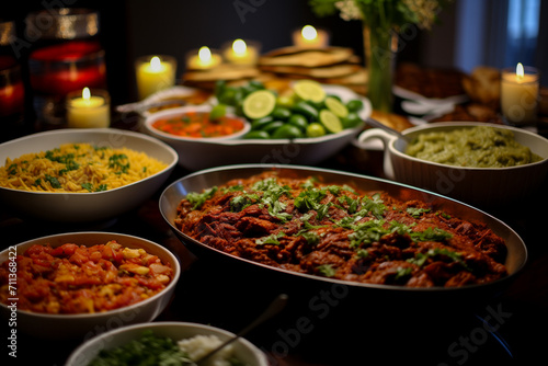 A spread of various dishes garnished with herbs presented on a table with lit candles  depicting a cozy  intimate dinner setting