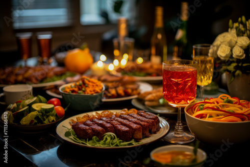 A festive dinner table set with diverse dishes  glowing candles  and glasses of wine  potentially portraying a warm holiday gathering atmosphere of Persian New Year