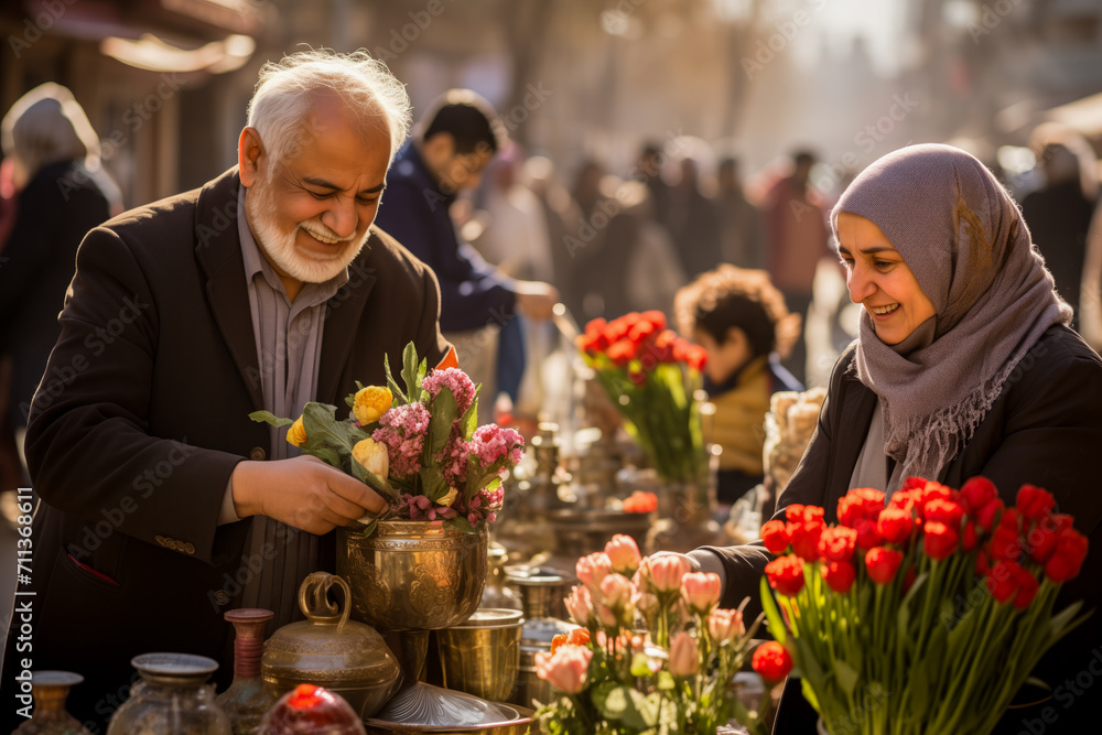 Smiling man and woman exchanging flowers at a bustling outdoor market, depicting a sense of community and culture
