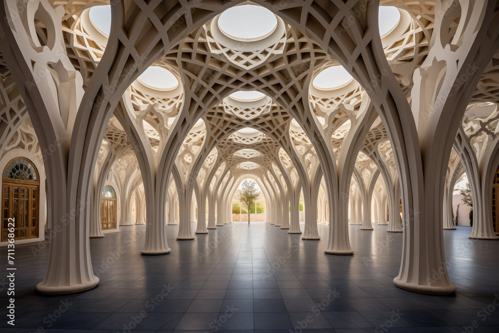 Modern Islamic architecture featuring geometric patterns and archways with natural lighting in an empty corridor