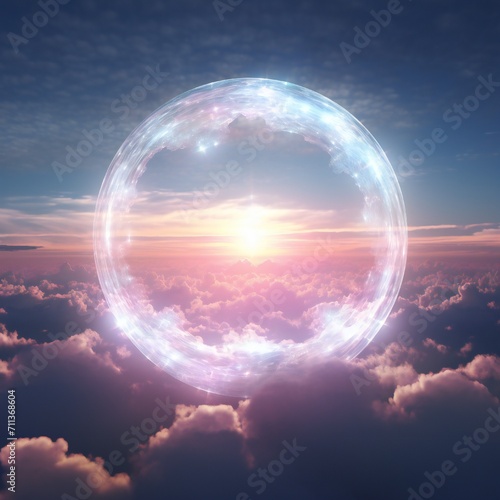 Puffy clouds with a glowing circle in the sky with lights, transparent, translucent Generative Ai