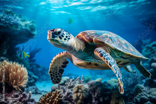 A majestic sea turtle swims gracefully among coral reefs in a clear blue ocean